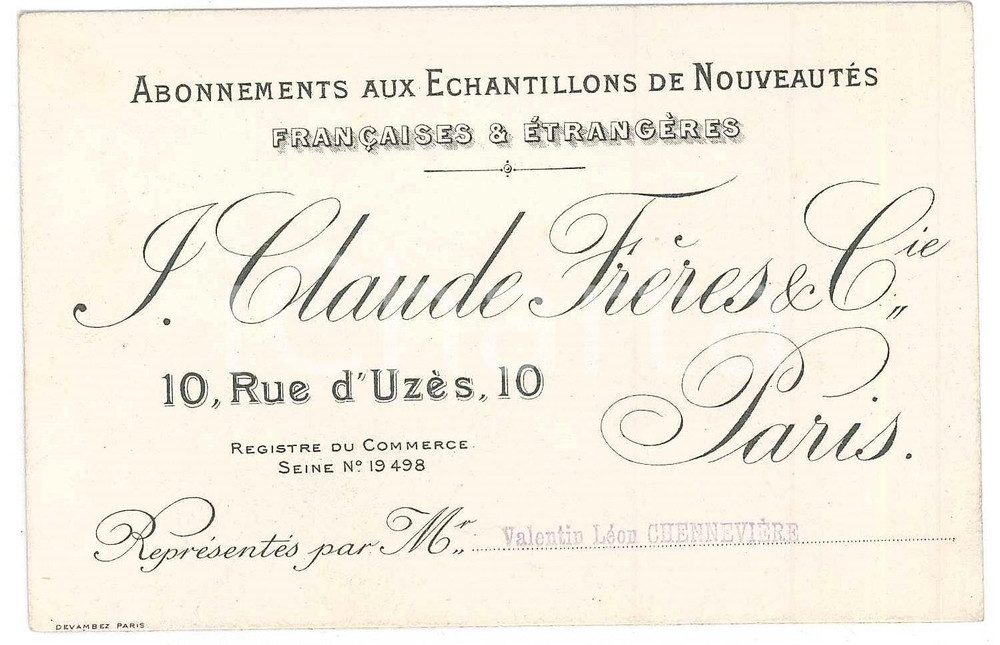 Oggetto da collezione cartaceo 1910 ca PARIS 10 Rue d UzÃ¨s  J. Claude FrÃ¨res & Cie  Enchantillons nouveautÃ©s 1