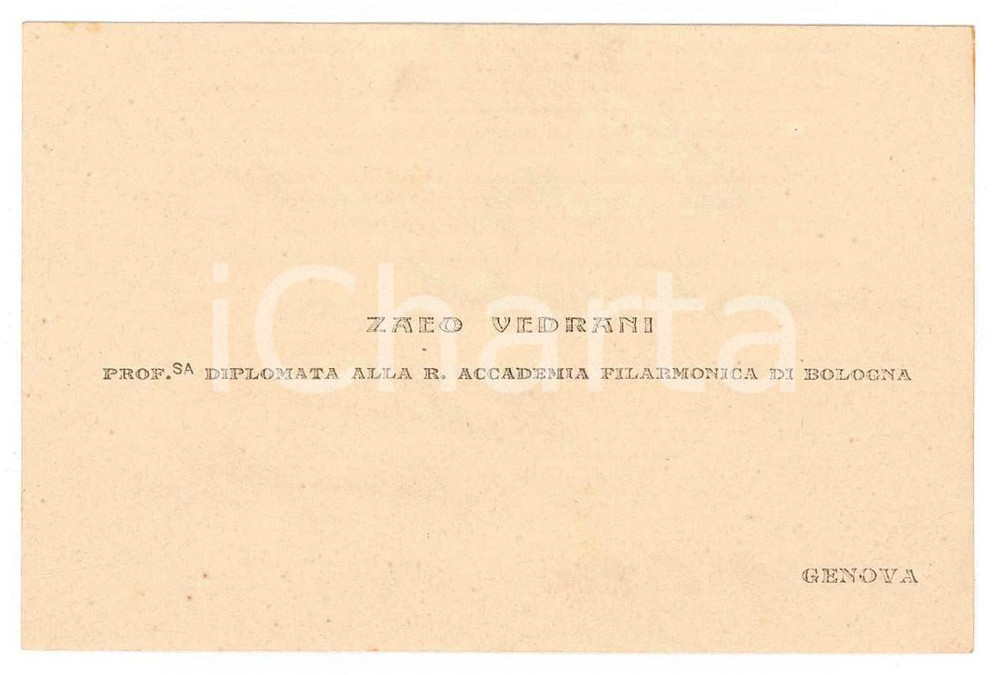 1921 GENOVA Zaeo VEDRANI Filarmonica di Bologna - Biglietto visita AUTOGRAFO Biglietto da visita con messaggio autografo al verso.  GOOD/buono  Formato: 9x6 cm originale e autentica 1