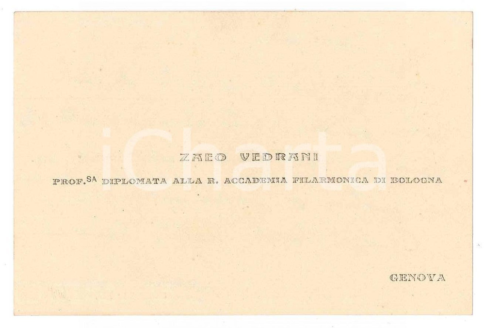 1920 GENOVA Zaeo VEDRANI Filarmonica di Bologna *Biglietto visita AUTOGRAFO Biglietto da visita con messaggio autografo al verso.  GOOD/buono  Formato: 9x6 cm originale e autentica 1