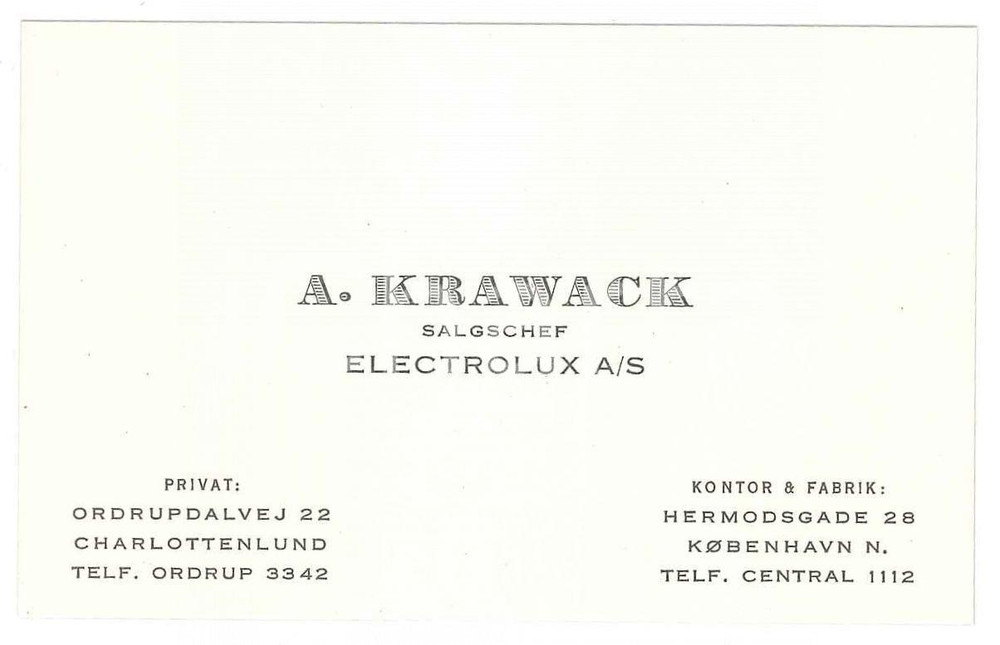1964 KOBENHAVN A. KRAVACK Salgschef ELECTOLUX A/S - Biglietto da visita Biglietto da visita con messaggio al verso.  GOOD/buono  Formato: 9x6 cm originale e autentica 1
