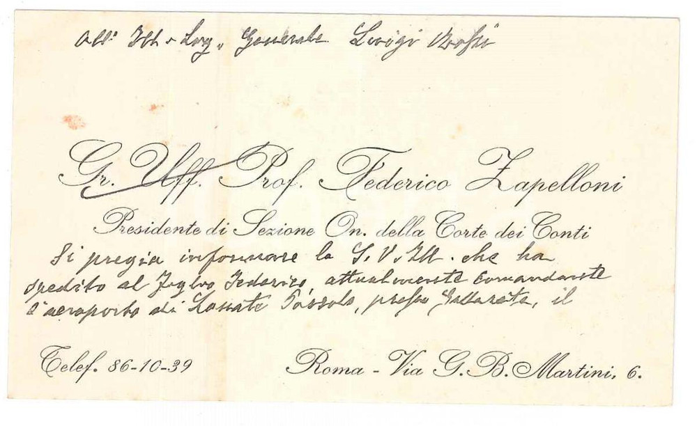 1934 ROMA Prof. Federico ZAPELLONI - Corte dei Conti *Biglietto visita AUTOGRAFO Biglietto da visita con messaggio autografo al verso.  GOOD/buono ma lievi macchie Formato: 9x6 cm originale e autentica 1