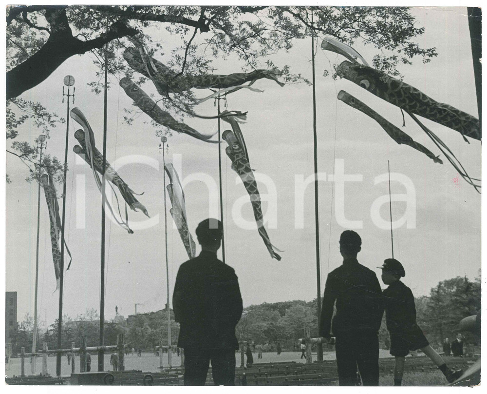 1940 ca JAPAN - SCHOOL - Koinobori (Flying fishes) - Photo 25x20 cm Fotografia d'epoca.  POOR/danneggiato piegature angolari e al lato superiore; minime sbrecciature marginali; macchia al lato destro Formato: 25x20 cm originale e autentica 1