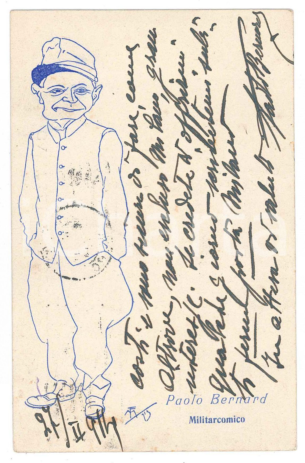 1914 ITALIA - CABARET - Paolo BERNARD militarcomico - Cartolina AUTOGRAFA RARA Cartolina postale d'epoca, con messaggio autografo al verso, destinato al proprietario di un cinema-teatro, cui l'artista offre disponibilit&agrave;.Viaggiata. GOOD/buono ma lievi macchie Formato: 9x14 cm originale e autentica 1
