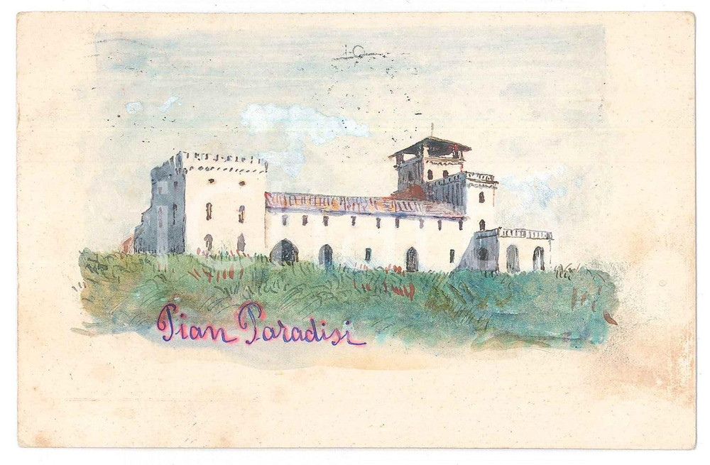 1913 PIAN PARADISO (VT) Villa - Cartolina DIPINTA A MANO - TROCCHI BRACCI  Cartolina postale d'epoca, dipinta a mano, con messaggio al verso della famiglia di Maria Bracci - Alberto Trocchi.La residenza di campagna ritratta esiste tuttora, ed &egrave; attualmente sede della Comunit&agrave; Missionaria della Trinit&agrave;.Viaggiata. GOOD/buono  Formato: 14x9 cm originale e autentica 1