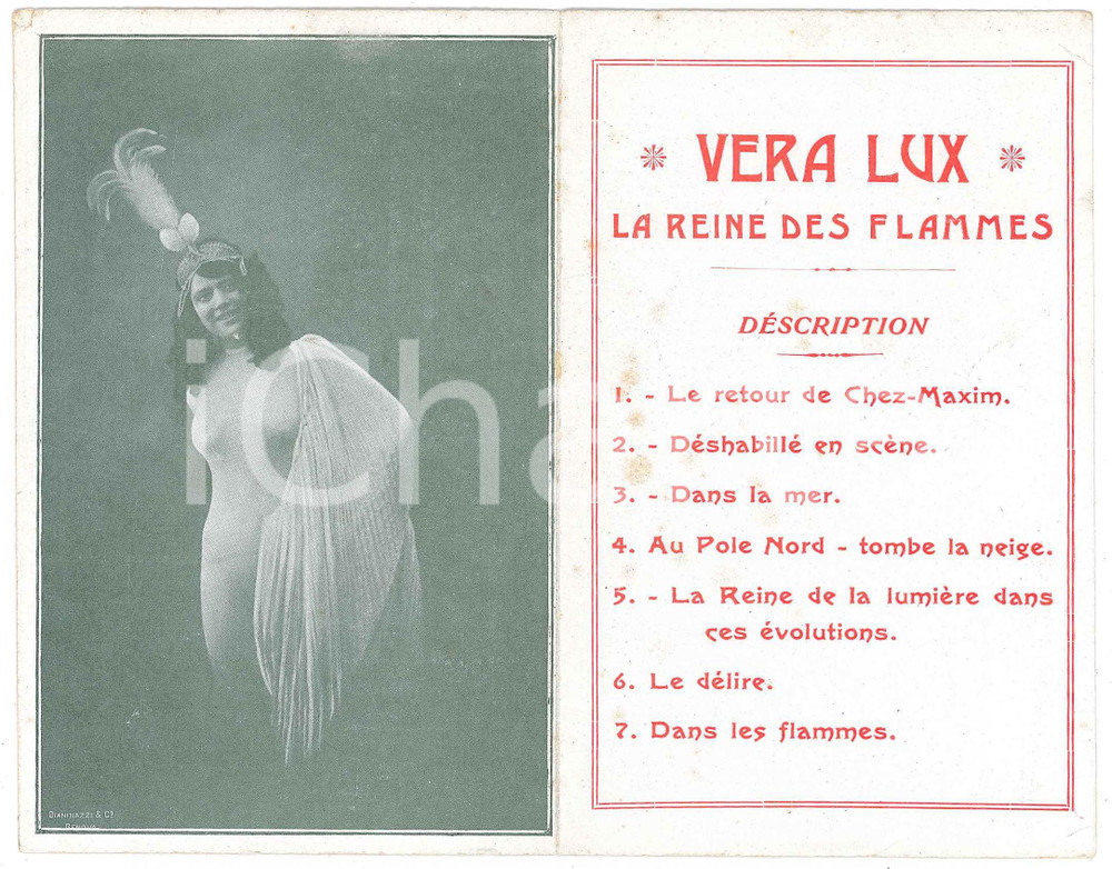 1915 ca CABARET - VERA LUX reine des flammes - Spectacle dÃ©shabillÃ© *Billet Biglietto pubblicitario d'epoca, con due facciate a stampa.  FAIR/discreto piegatura angolare; minime macchie FORMATO: 9x14 cm originale e autentica 1