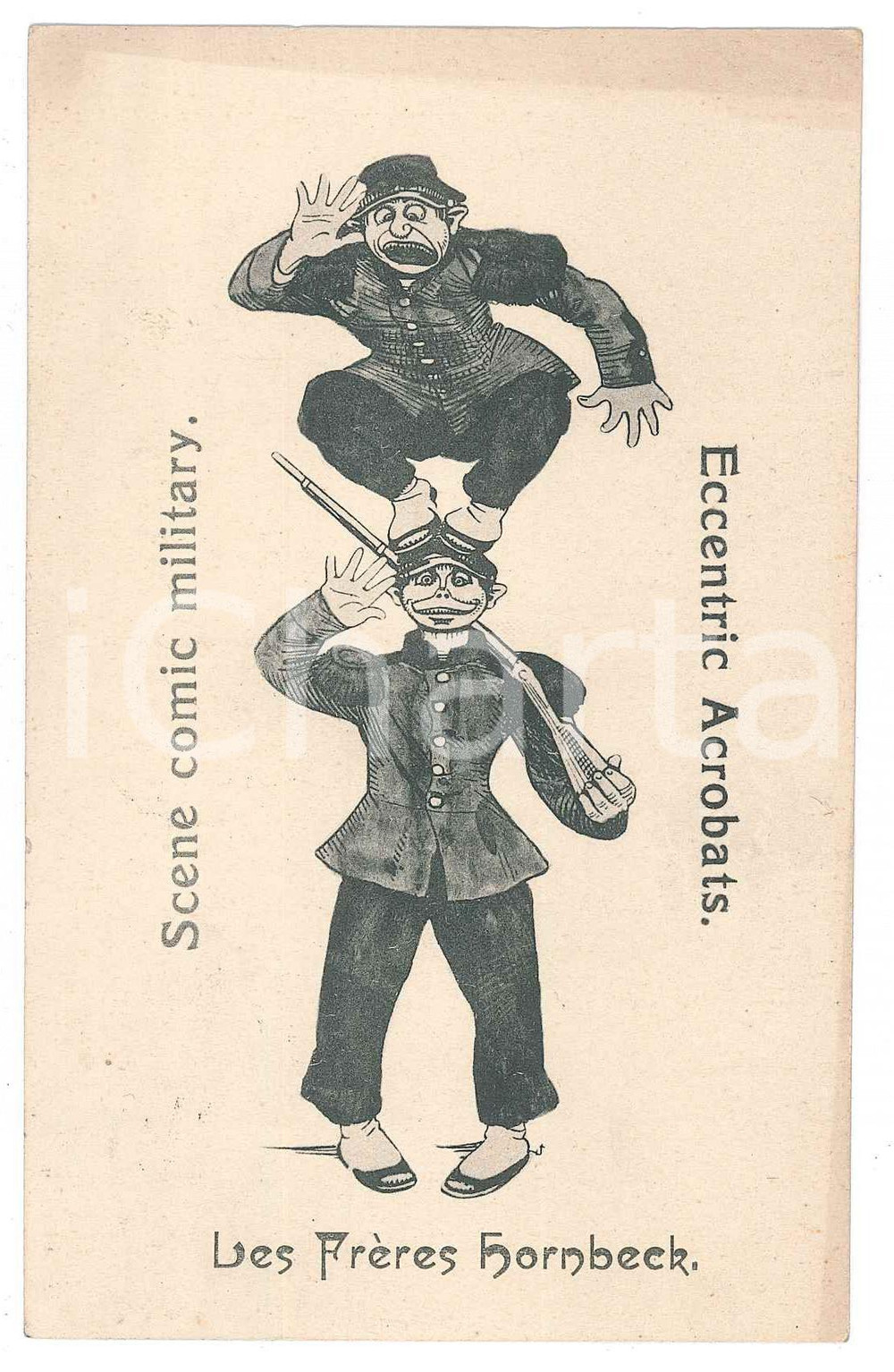 1914 ITALIA - CABARET - Frères HORNBECK Comic military - Cartolina AUTOGRAFA Cartolina postale d'epoca, con messaggio autografo al verso degli artisti, destinato al proprietario di un cinema-teatro, cui offrono disponibilit&agrave;.Viaggiata. GOOD/buono ma lievi bruniture Formato: 9x14 cm originale e autentica 1