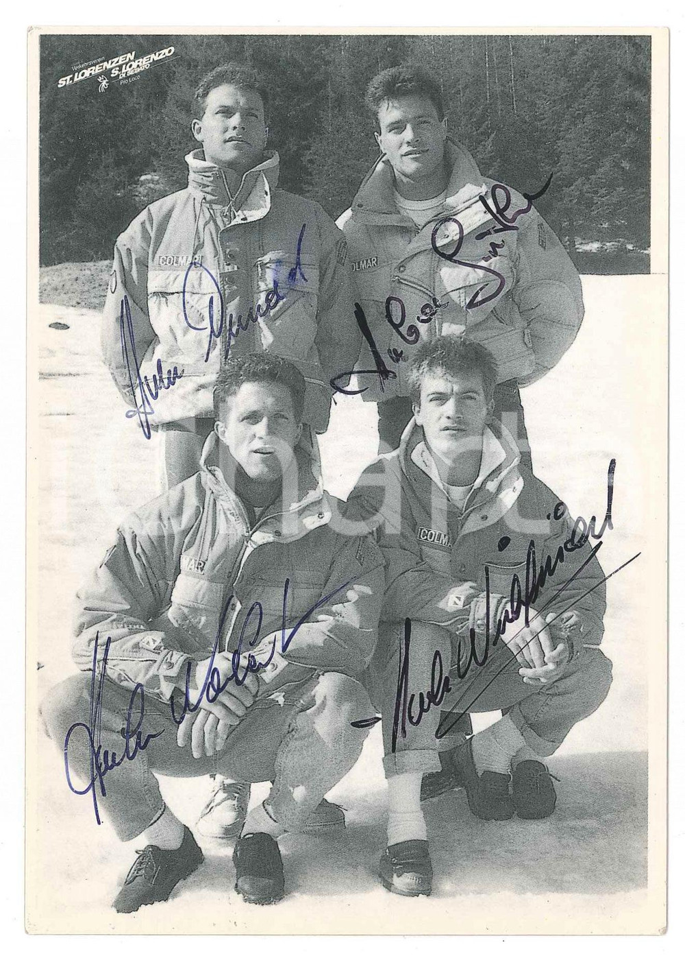 1990 ca SPORT SLITTINO - SAN LORENZO (TN) I fratelli HUBER *Cartolina AUTOGRAFI Fotografia seriale d'epoca, con firme autografe dei fratelli Huber, slittinisti. GOOD/buono  Formato: 10x15 cm originale e autentica 1
