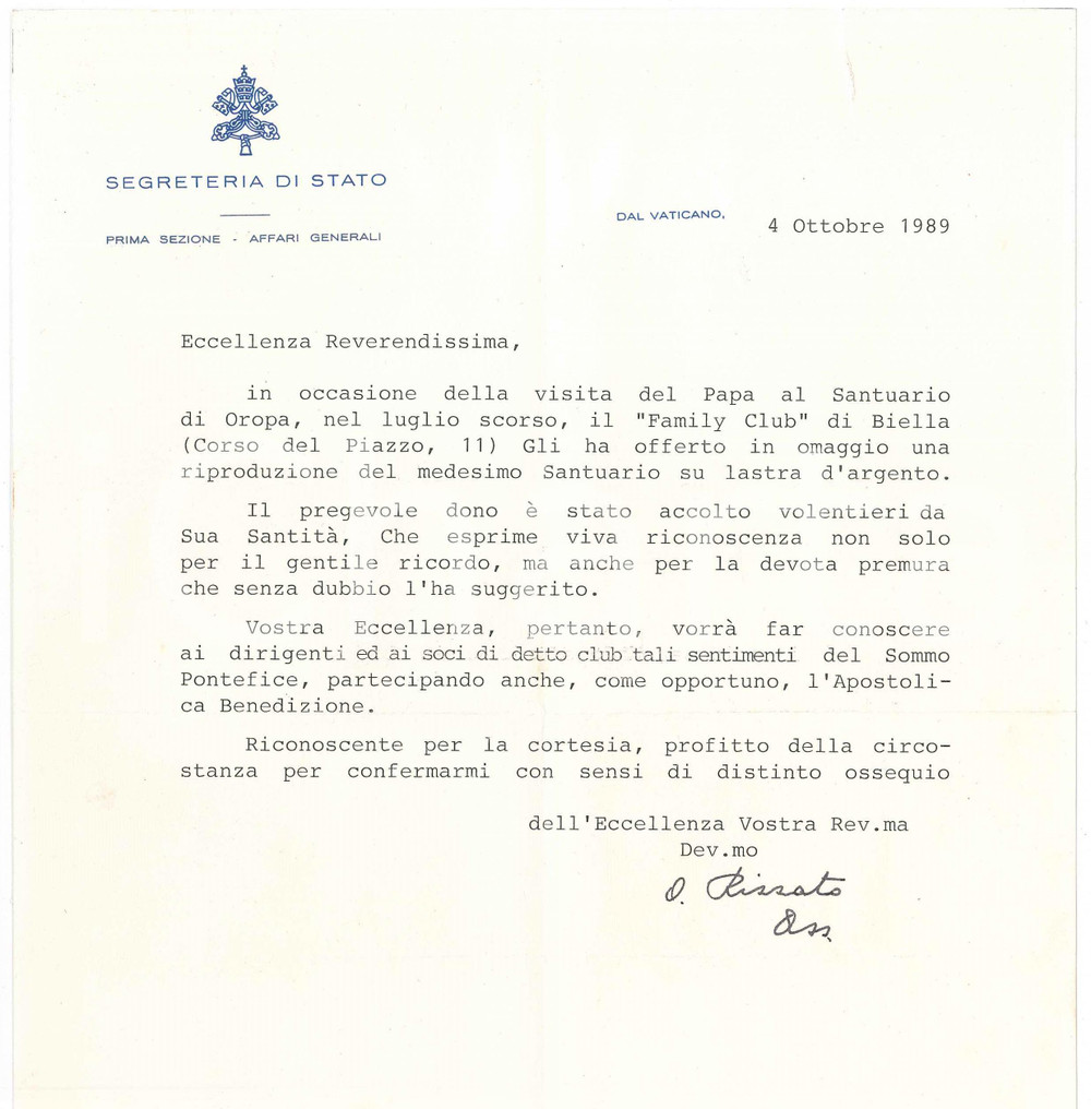 1989 VATICANO Lettera mons. Oscar RIZZATO Segreteria di Stato - AUTOGRAFO Lettera dattiloscritta, con firma autografa, su carta intestata.PAGINE: 1  FAIR/discreto residuo di carta al verso  originale e autentica 1