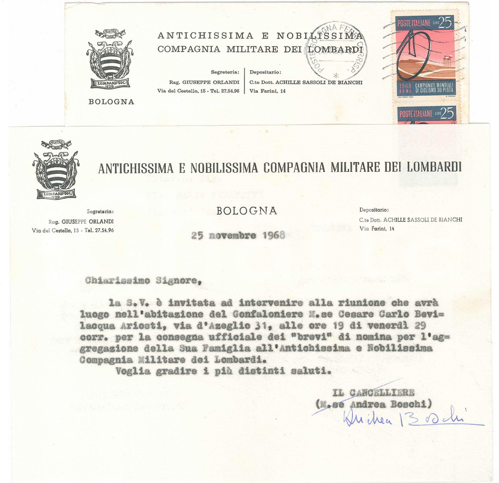 1968 BOLOGNA Lettera Andrea BOSCHI - Compagnia Militare dei Lombardi - AUTOGRAFO Lettera dattiloscritta, con firma autografa, su carta intestata.Busta viaggiata.PAGINE: 1  GOOD/buono piegature d'epoca  originale e autentica 1