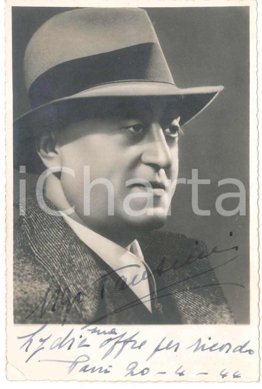 1944 PANI Ugo TANTINI - Ritratto - Foto con AUTOGRAFO 11x17 cm Fotografia originale d'epoca, con messaggio autografo.   FAIR/discreto piegature angolari Formato: 11x17 cm originale e autentica 1