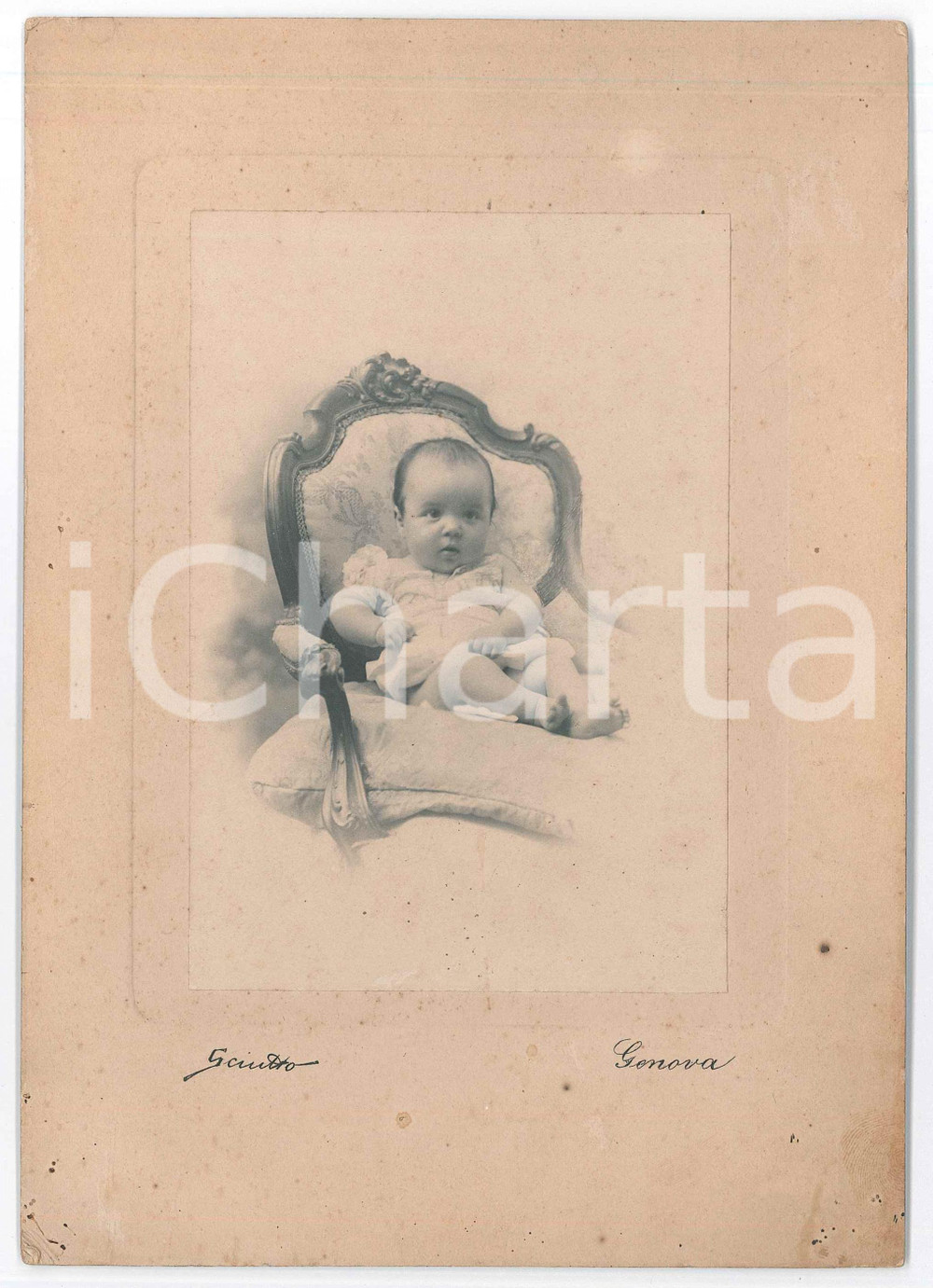 1901 GENOVA Ritratto di bambina a 4 mesi - Foto SCIUTTO 16x23 cm Fotografia d'epoca, montata su cartoncino rigido.  GOOD/buono ma smussature al cartoncino e lievi fioriture Formato: 16x23 cm originale e autentica 1