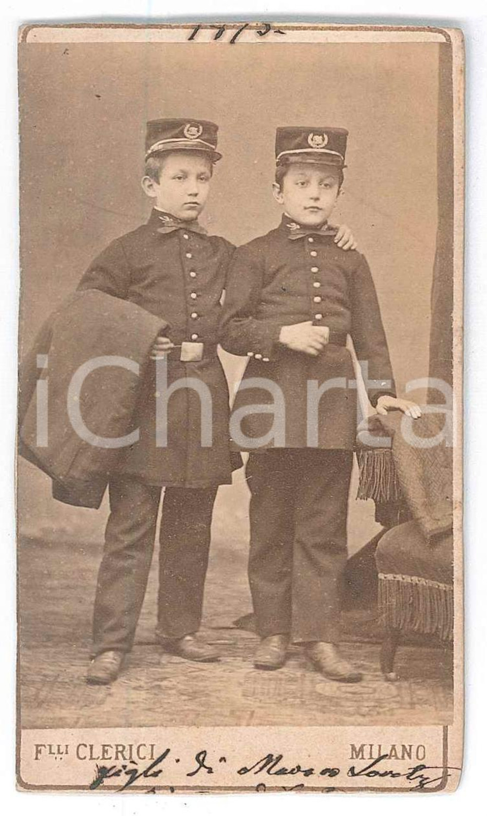 Fotografia d epoca originale 1875 MILANO Fratelli LORETZ bambini in divisa REGIO ESERCITO Foto CLERICI CDV 1