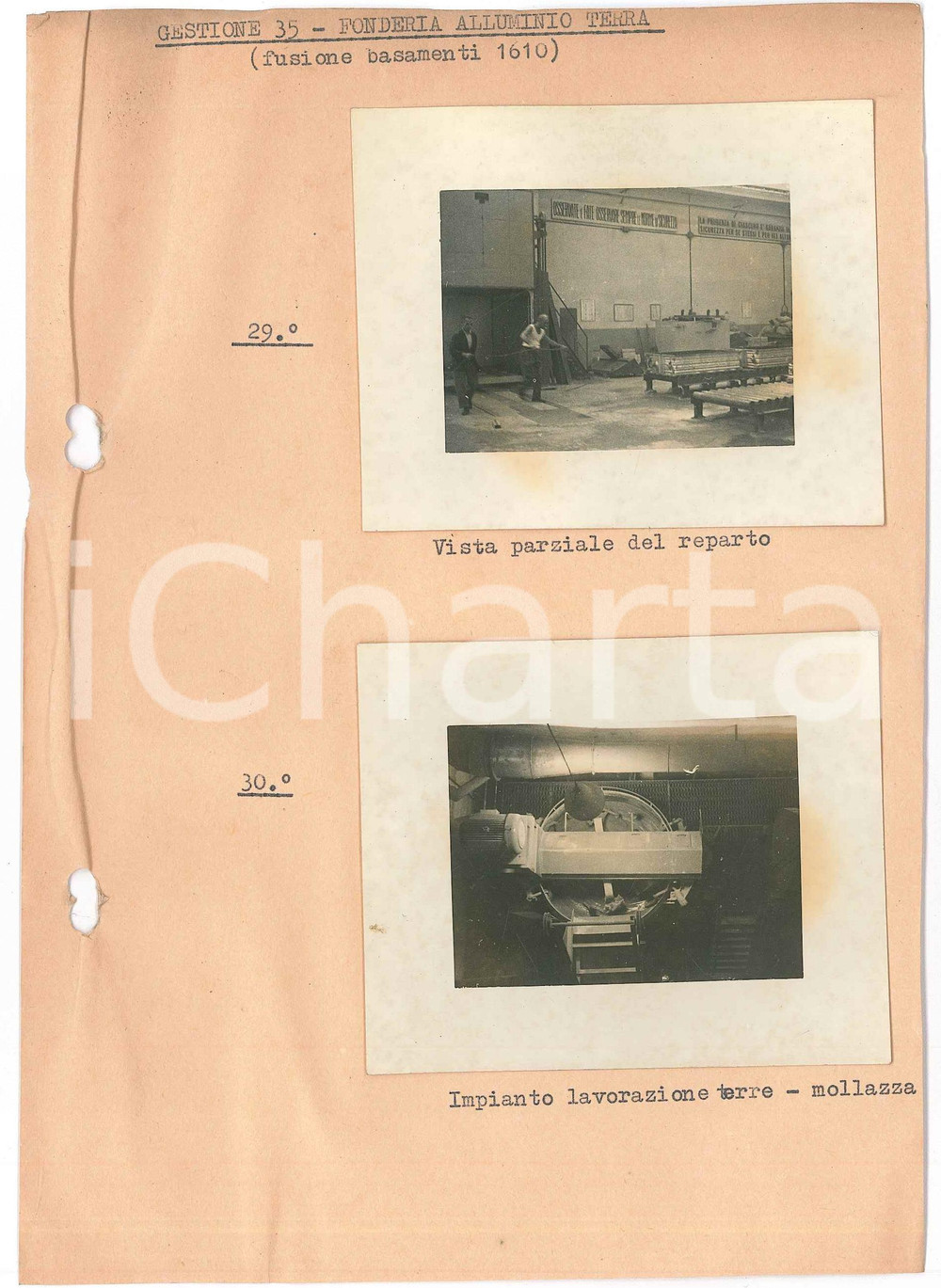 1965 ca ARESE - ALFA ROMEO Fonderia Alluminio Terra - Impianto *Lotto 2 foto  Lotto di due fotografie originali d'epoca, montate su carta, con didascalie dattiloscritte.Timbro al verso "Alfa Romeo - Direzione Nuovi Impianti". POOR/danneggiato aloni alle fotografie; fori da classificatore al lato sinistro Formato: 9x7 cm (fotografie); 15x22 cm originale e autentica 1