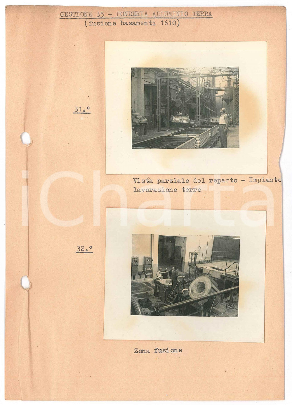 1965 ca ARESE - ALFA ROMEO Fonderia Alluminio Terra - Lavorazione terre *2 foto  Lotto di due fotografie originali d'epoca, montate su carta, con didascalie dattiloscritte.Timbro al verso "Alfa Romeo - Direzione Nuovi Impianti". POOR/danneggiato aloni alle fotografie; fori da classificatore al lato sinistro Formato: 9x7 cm (fotografie); 15x22 cm originale e autentica 1