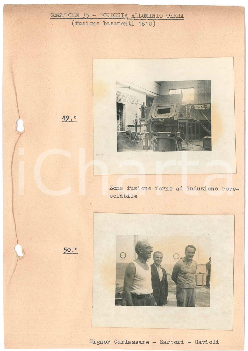 1965 ca ARESE - ALFA ROMEO Fonderia Alluminio Terra - Fusione forno LOTTO 2 foto  Lotto di due fotografie originali d'epoca, montate su carta, con didascalie dattiloscritte.Timbro al verso "Alfa Romeo - Direzione Nuovi Impianti". POOR/danneggiato aloni alle fotografie; fori da classificatore con parziale sbrecciatura al lato sinistro Formato: 9x7 cm (fotografie); 15x22 cm originale e autentica 1