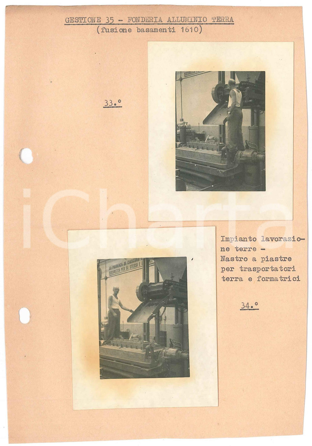1965 ca ARESE - ALFA ROMEO - Fonderia Alluminio Terra *Lotto 2 foto 33-34  Lotto di due fotografie originali d'epoca, montate su carta, con didascalie dattiloscritte.Timbro al verso "Alfa Romeo - Direzione Nuovi Impianti". FAIR/discreto aloni alle fotografie; fori da classificatore al lato sinistro Formato: 7x9 cm (fotografie); 15x22 cm originale e autentica 1