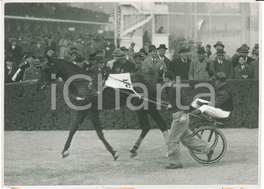 1940 ca MILANO Ippodromo SAN SIRO - Vittoria del cavallo Floridoro - Foto 24x18  Fotografia originale d'epoca, con didascalia danneggiata al lato inferiore. FAIR/discreto piccole piegature angolari, con minime mancanze; didascalia parzialmente asportata al lato inferiore Formato: 24x18 cm originale e autentica 1