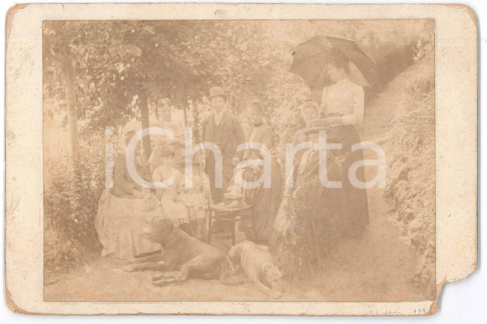 1909 LOMBARDIA Famiglia in campagna con i cani - Ritratto - Foto 16x10 cm  Fotografia d'epoca, montata su cartoncino rigido. POOR/danneggiato mancanza angolare e smussature Formato: 16x10 cm originale e autentica 1