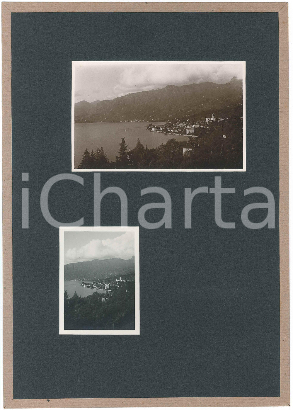1935 ca LAGO D'ISEO - SULZANO - Veduta panoramica *2 fotografie  Coppia di fotografie d'epoca, uguali ma stampate in due formati diversi e montate su cartoncino morbido rivestito.Didascalia dattiloscritta ed etichetta adesiva al verso. GOOD/buono  Formato: 6x9 cm e 14x9 cm (foto); 23x32 cm (cartoncino) originale e autentica 1