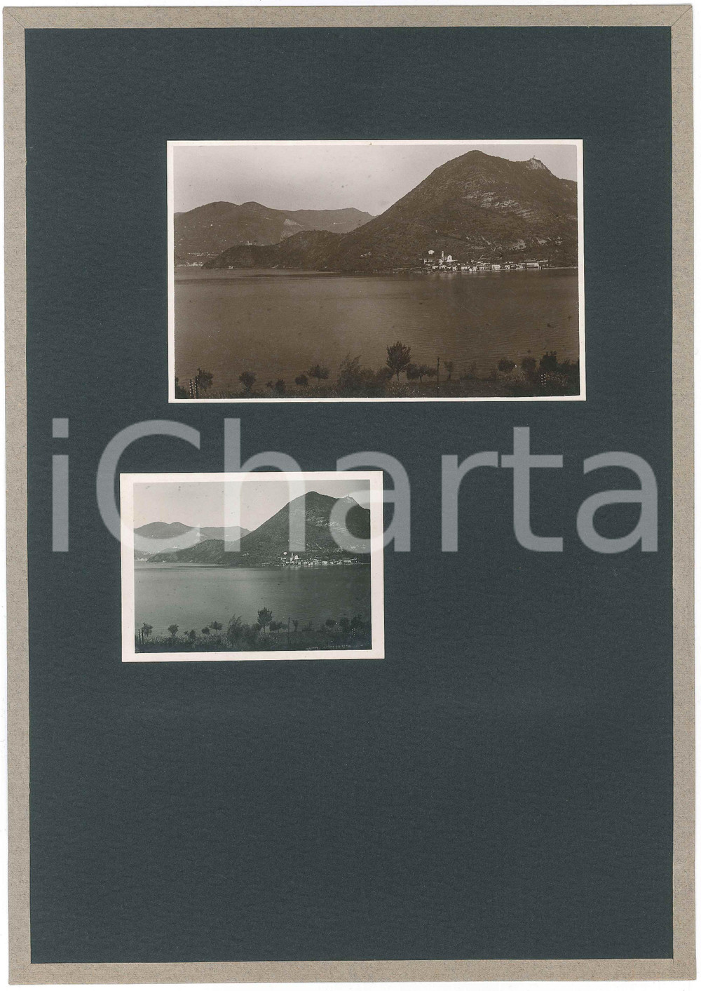 1935 LAGO D'ISEO - PESCHIERA MARAGLIO - Veduta panoramica *2 fotografie  Coppia di fotografie d'epoca, uguali ma stampate in due formati diversi e montate su cartoncino morbido rivestito.Didascalia dattiloscritta ed etichetta adesiva al verso. GOOD/buono  Formato: 9x6 cm e 14x9 cm (foto); 23x32 cm (cartoncino) originale e autentica 1