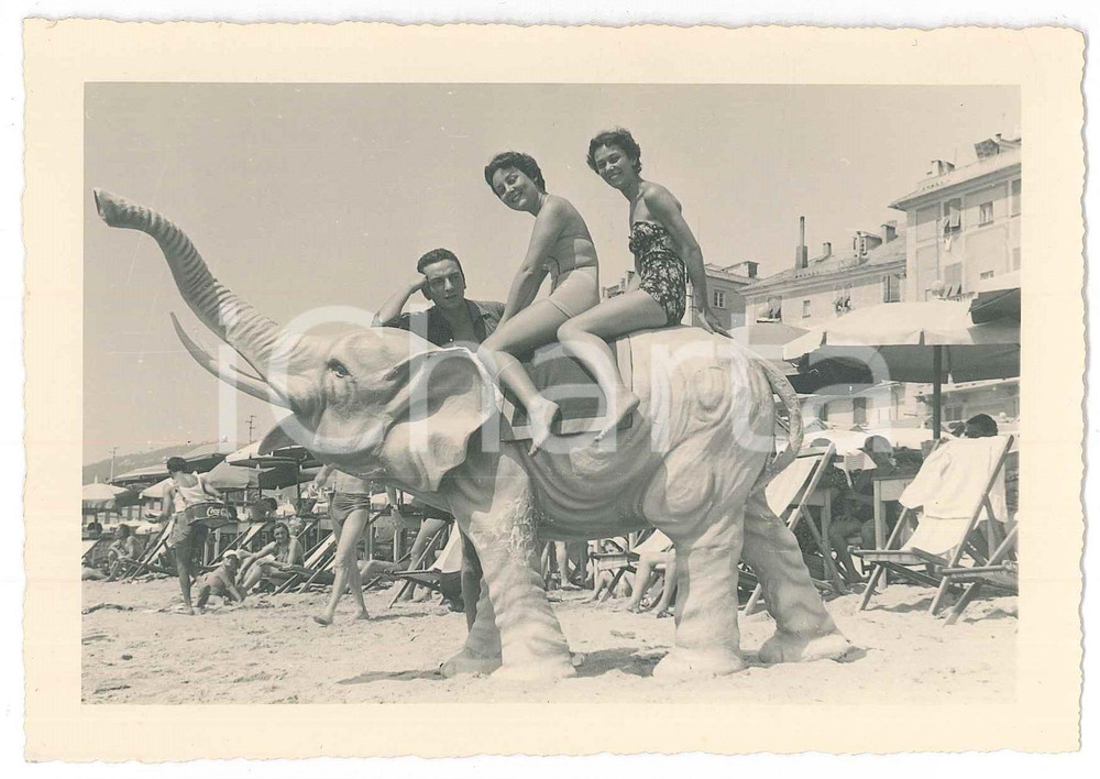 1953 VARAZZE Donne in spiaggia sulla statua di un elefantino - Foto 14x10 cm Fotografia d'epoca.FOTOGRAFO: Vivaldi - Thanhoffer - Varazze GOOD/buono  Formato: 14x10 cm originale e autentica 1