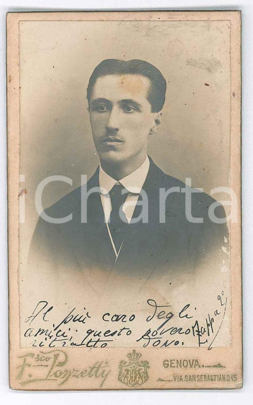 1905 ca GENOVA Ritratto del giovane ZAPPA - Foto Francesco PONZETTI CDV  Fotografia d'epoca, montata su cartoncino rigido.Dedica manoscritta.FOTOGRAFO: Francesco Ponzetti - Genova, via San Sebastiano 15 FAIR/discreto piccole abrasioni; lievi macchie Formato: 6x10 cm originale e autentica 1