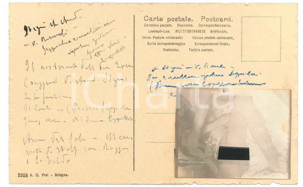 1910 ca BOLOGNA Torri - Cartolina con vera foto erotica *CURIOSA  Cartolina postale d'epoca, non viaggiata, che reca al verso appunti manoscritti e una fotografia di carattere erotico a ricordo della serata trascorsa a Bologna.  GOOD/buono  FORMATO: 14x9 cm originale e autentica 1