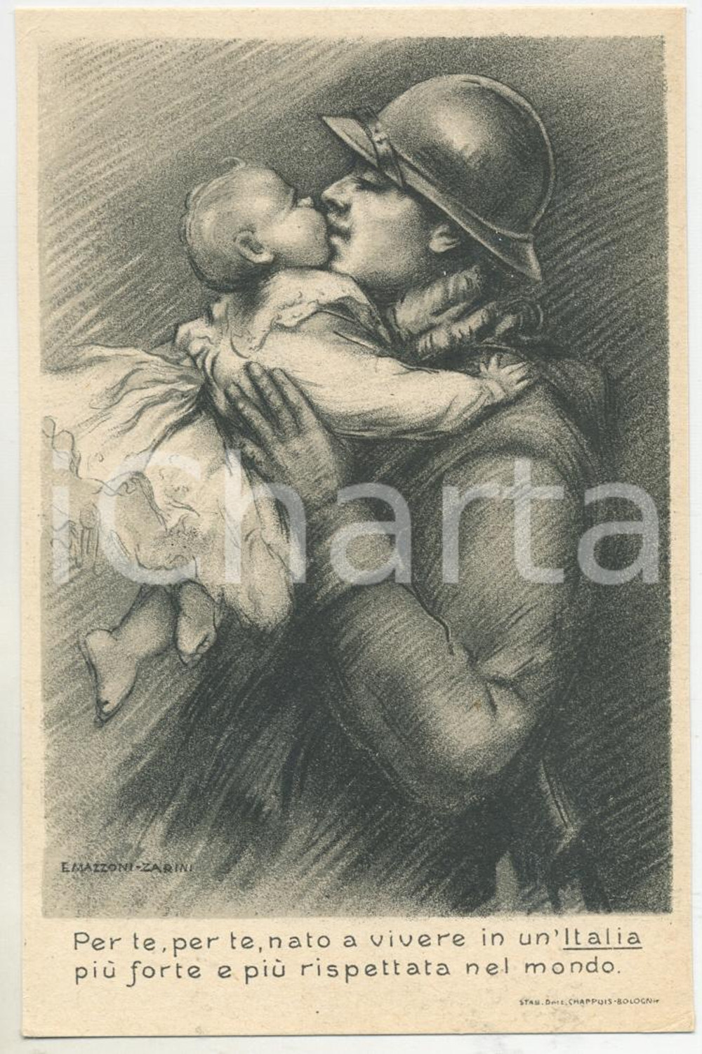 1915 ca WW1 Artista Emilio MAZZONI ZARINI Un'Italia più forte - Cartolina FP NV  Cartolina postale d'epoca, non viaggiata. FAIR/discreto Lievi smussature agli angoli Formato: FP originale e autentica 1