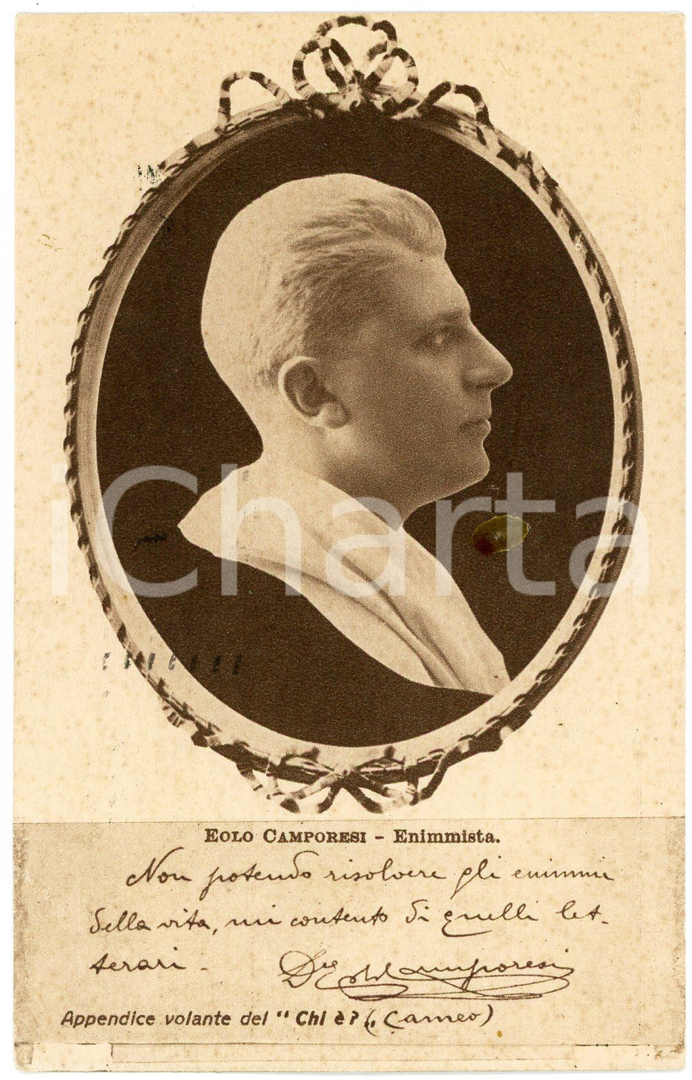 1928 Eolo CAMPORESI - Enimmista - CARTOLINE PARLANTI Ed. FORMIGGINI FP V (2) Cartolina postale d'epoca, viaggiata. FAIR/discreto Lievi abrasioni e piegature angolari, residuo nella parte centrale. Formato: 9x14 cm originale e autentica 1