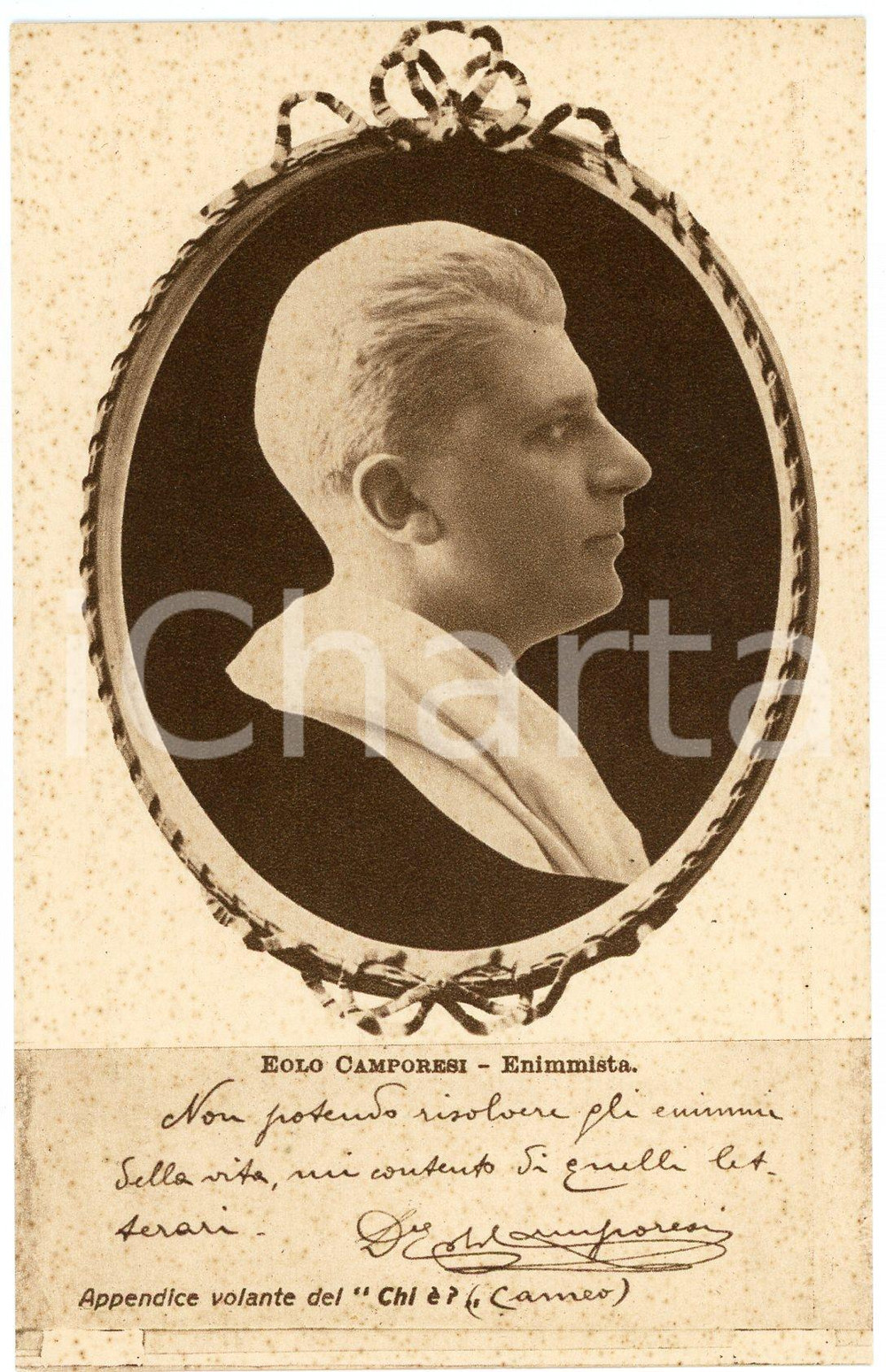1928 Eolo CAMPORESI - Enimmista - CARTOLINE PARLANTI Ed. FORMIGGINI FP NV Cartolina postale d'epoca, non viaggiata. FAIR/discreto Lievi smussature angolari  e fioriture diffuse Formato: 9x14 cm originale e autentica 1