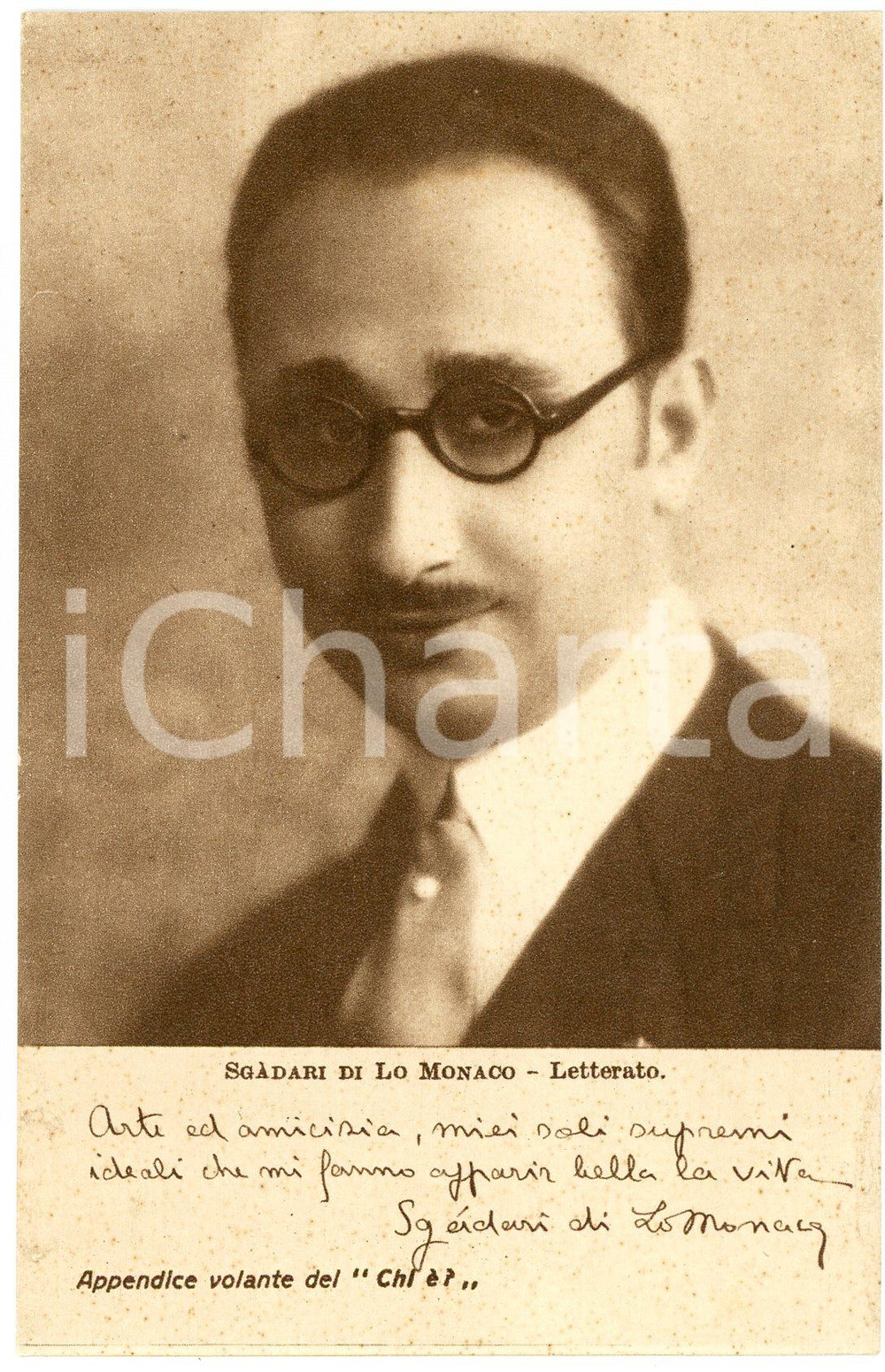 1928 SGADARI DI LO MONACO - Letterato - CARTOLINE PARLANTI Ed. FORMIGGINI FP NV Cartolina postale d'epoca, non viaggiata. GOOD/buono Lievi smussature angolari Formato: 9x14 cm originale e autentica 1