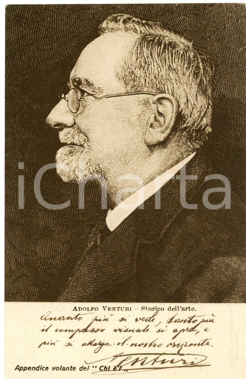 1928 Adolfo VENTURI - Storico dell'arte - CARTOLINE PARLANTI Ed. FORMIGGINI FP Cartolina postale d'epoca, non viaggiata. FAIR/discreto Lievi smussature e abrasioni angolari Formato: 9x14 cm originale e autentica 1