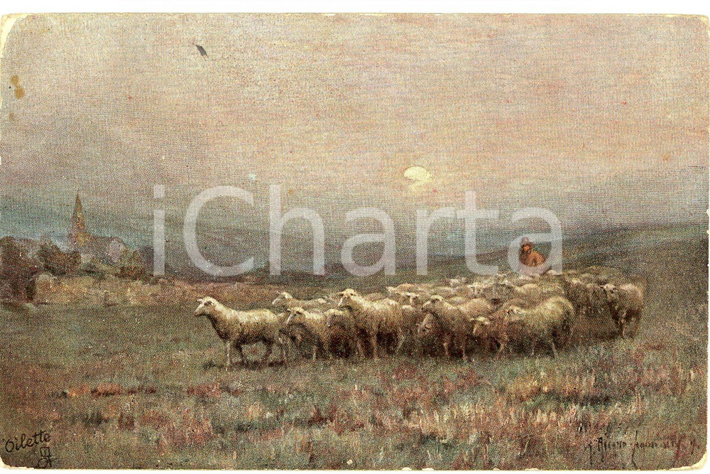 1920 ca Artist Ricard CORDINGLEY The sheperd - Home by moonlight - Postcard  Cartolina postale d'epoca, non viaggiata. FAIR/discreto Smussature e sbrecciature agli angoli Formato: FP originale e autentica 1