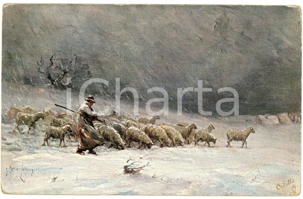 1920 ca FRANCE Shepherd in the snow with flock of sheep ILLUSTRATED Postcard  Cartolina postale d'epoca, non viaggiata. FAIR/discreto Smussature agli angoli, piegatura all'angolo inferiore destro Formato: FP originale e autentica 1