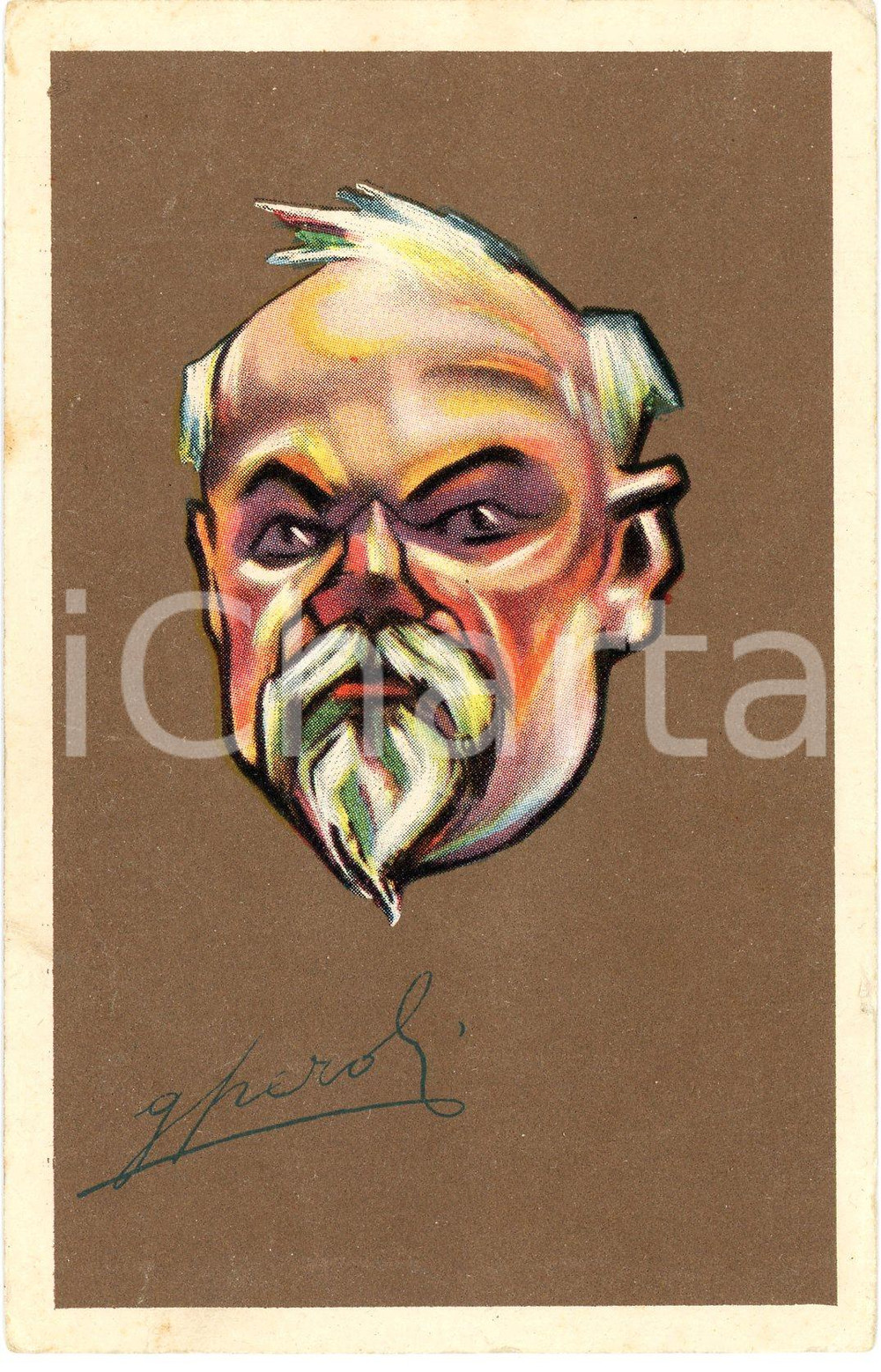 1918 Gino PEROLI - Henri POINCARÉ Vincitori e vinti attraverso la caricatura  Cartolina postale d'epoca, non viaggiata. FAIR/discreto Lievi smussature e piegature agli angoli Formato: FP originale e autentica 1