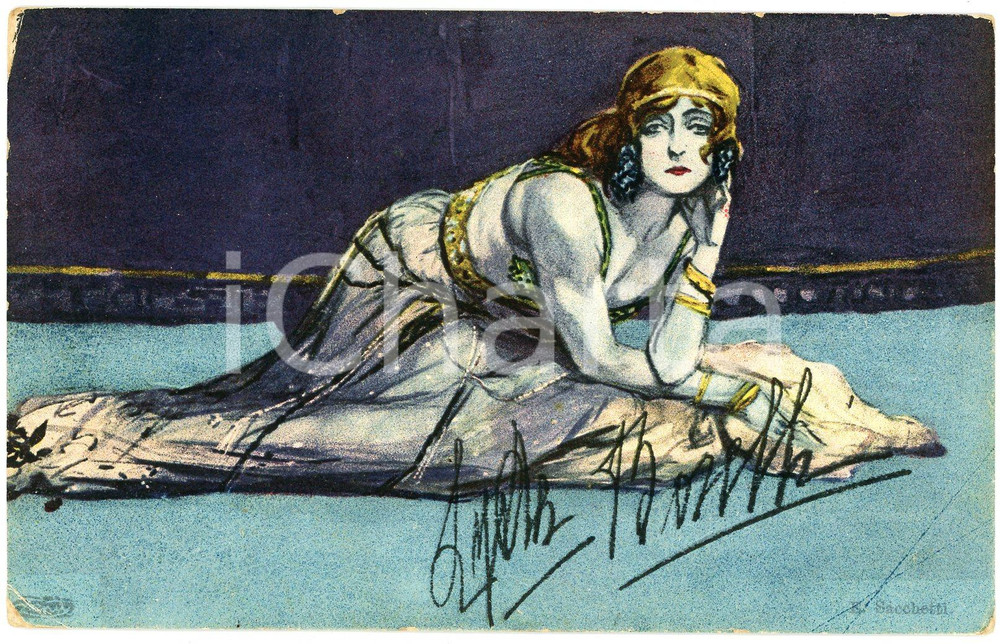 1918 Artista Enrico SACCHETTI Ritratto di Lyda BORELLI Cartolina FP VG  Cartolina postale d'epoca, viaggiata.Al verso timbri "Visto per censura" e "Ninetta Torricelli". EDITORE: Edizioni d'arte Zenith FAIR/discreto Sbrecciature ai margini, bruniture al verso Formato: FP originale e autentica 1