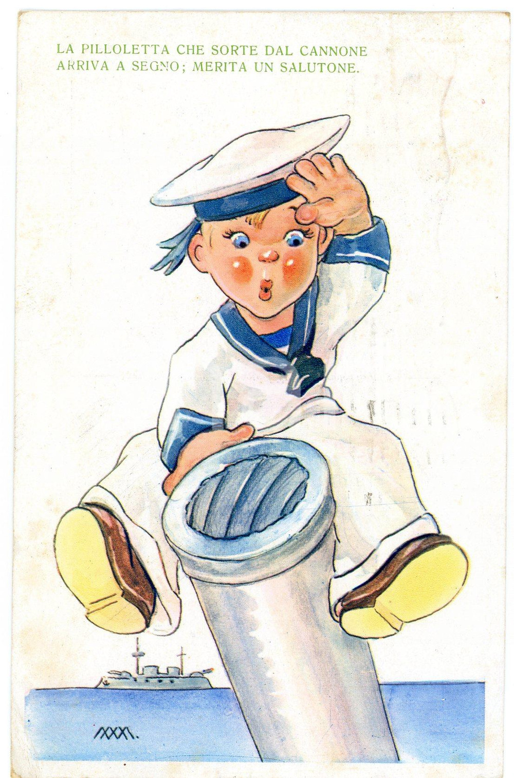 1941 WW2 - REGIA MARINA Pilloletta che sorte dal cannone - Cartolina ILLUSTRATA  Cartolina postale d'epoca, non viaggiata. FAIR/discreto Lievi smussature agli angoli Formato: FP originale e autentica 1