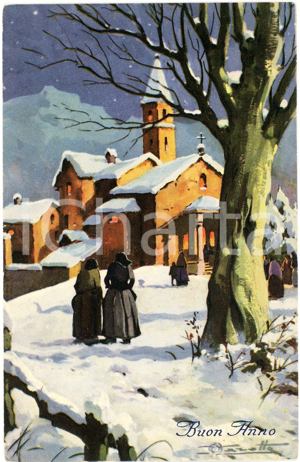 1920 ca Artista V. MAROTTA Buon anno - Chiesa innevata - Cartolina ILLUSTRATA FP  Cartolina postale d'epoca, non viaggiata. FAIR/discreto Lievi smussature agli angoli, piegatura all'angolo inferiore destro Formato: FP originale e autentica 1