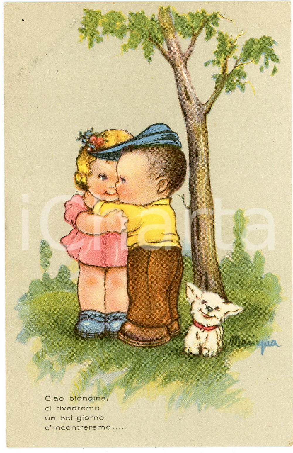 1940 ca Artista MARIAPIA Ciao Biondina - Bambini abbracciati - Cartolina FP NV Cartolina d'epoca, non viaggiata.EDITORE: Edizioni Campi FAIR/discreto Lievi smussature agli angoli Formato: FG originale e autentica 1