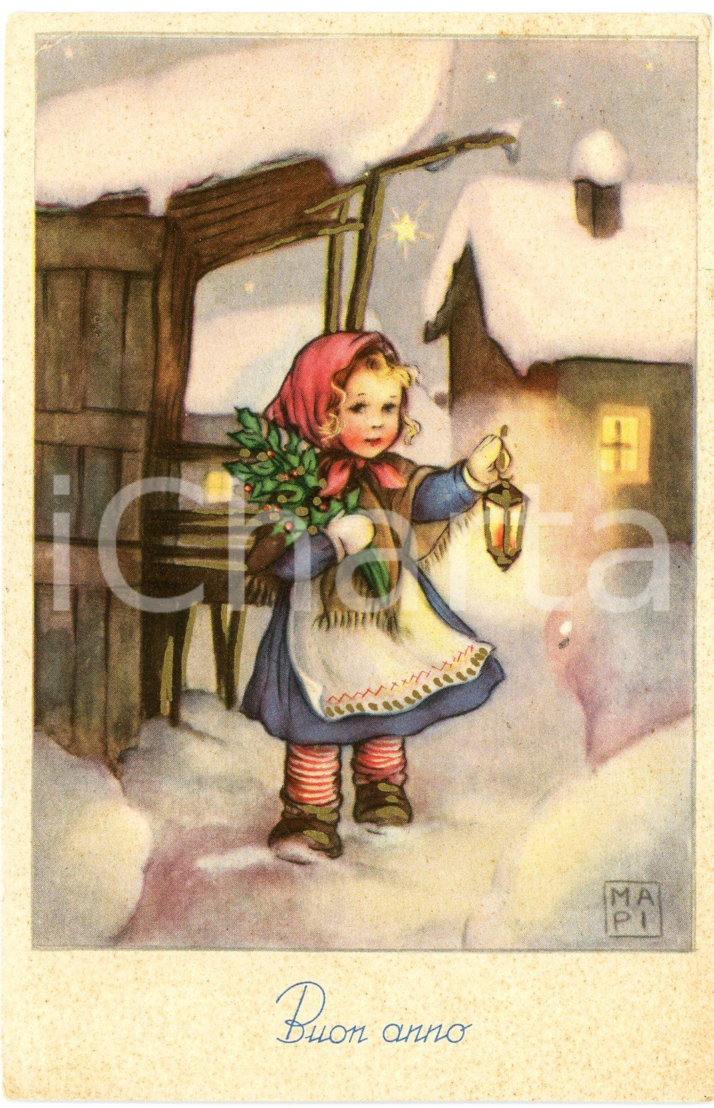 1930 ca BUON ANNO Artista MAPI Bambina con lanterna - Cartolina ILLUSTRATA FP NV Cartolina d'epoca, non viaggiata. FAIR/discreto Lievi smussature e piegature agli angoli Formato: FG originale e autentica 1