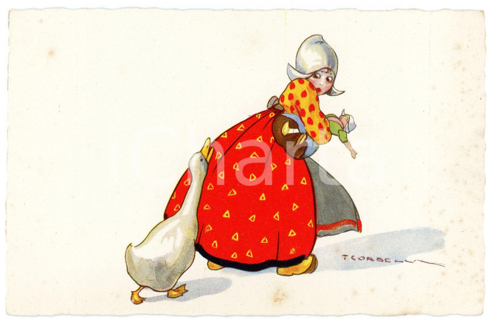1920 ca Artista Tito CORBELLA Oca insegue bambina olandese - Cartolina FP NV  Cartolina d'epoca, non viaggiata. FAIR/discreto Lievi smussature agli angoli Formato: FP originale e autentica 1