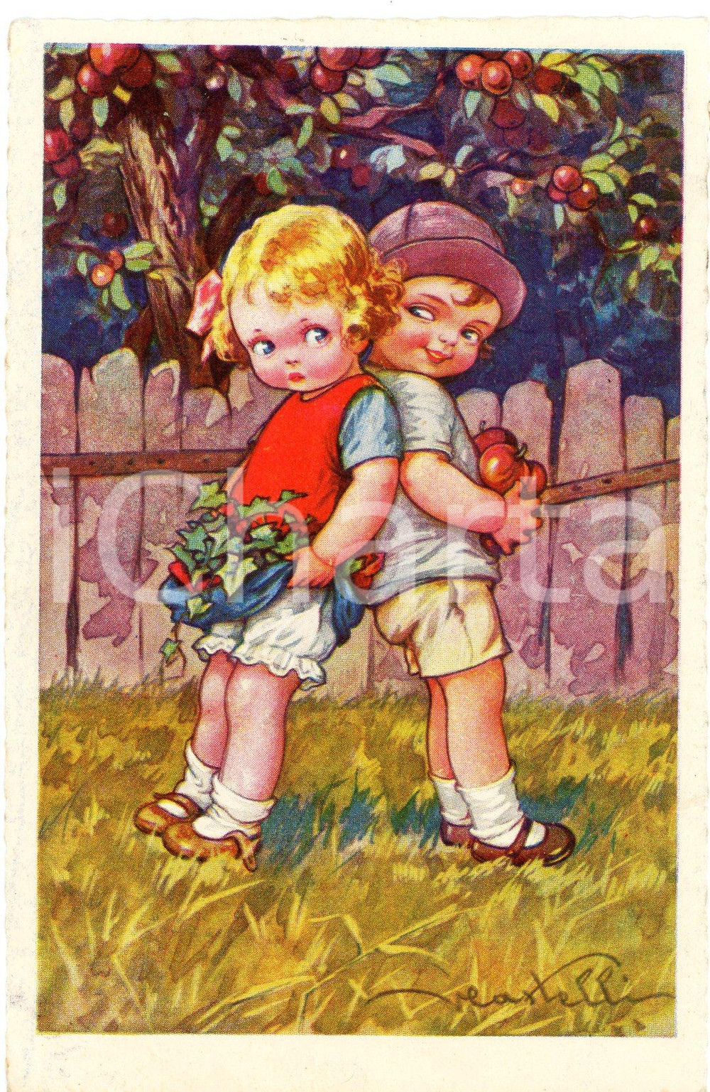 1928 Artista V. CASTELLI Bambini raccolgono mele - Cartolina ILLUSTRATA FP VG Cartolina d'epoca, viaggiata. FAIR/discreto Lievi smussature agli angoli Formato: FG originale e autentica 1