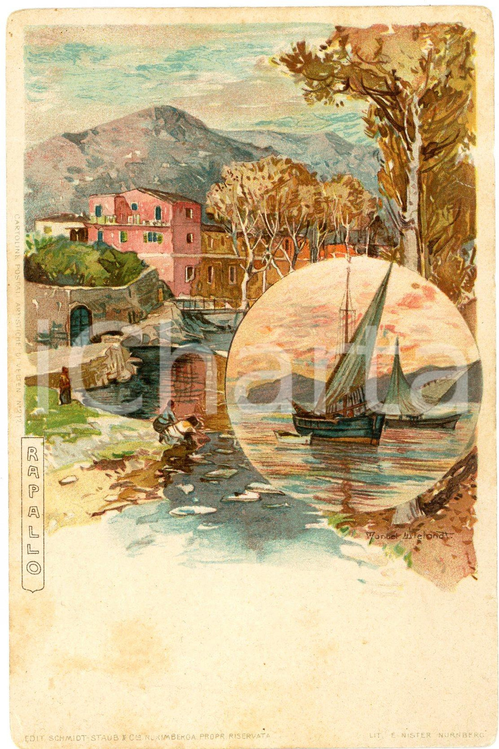 1900 ca RAPALLO Artista Manuel WIELANDT Bambini in riva al BOATE Cartolina FP NV  Cartolina postale d'epoca, non viaggiata. POOR/danneggiato Lievi smussature agli angoli, strappo al margine destro, ingialliture Formato: FP originale e autentica 1