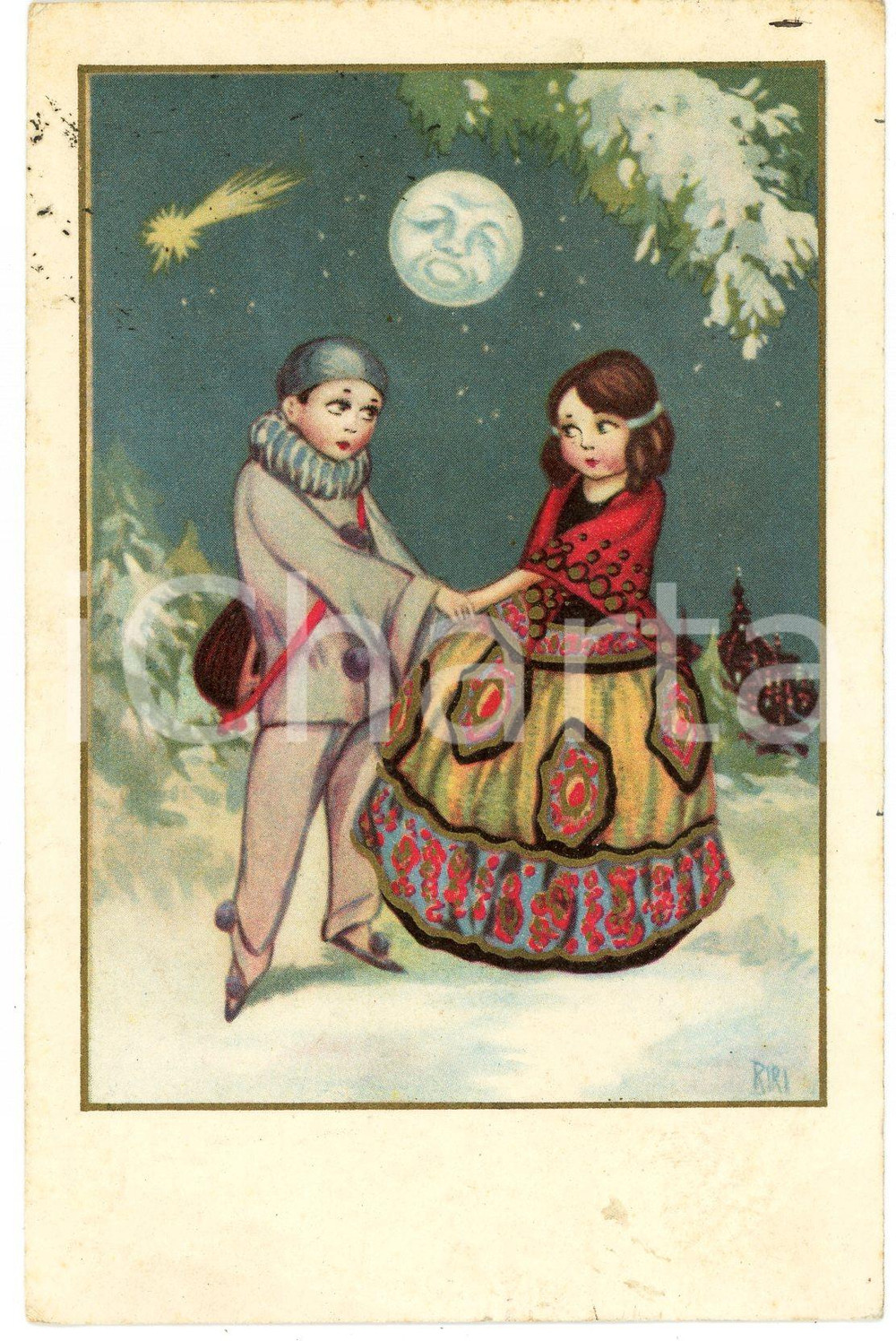 1928 Artista BIRI Pierrot con bambina al chiar di luna - Cartolina ILLUSTRATA  Cartolina postale d'epoca, viaggiata. FAIR/discreto Lievi smussature agli angoli Formato: FP originale e autentica 1