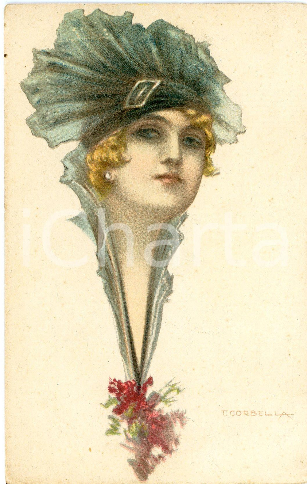 1921 ART DECO Tito CORBELLA - Donna con cappello verde  - Cartolina FP VG  Cartolina postale d'epoca, viaggiata. GOOD/buono ma francobollo non presente Formato: 9x14 cm originale e autentica 1