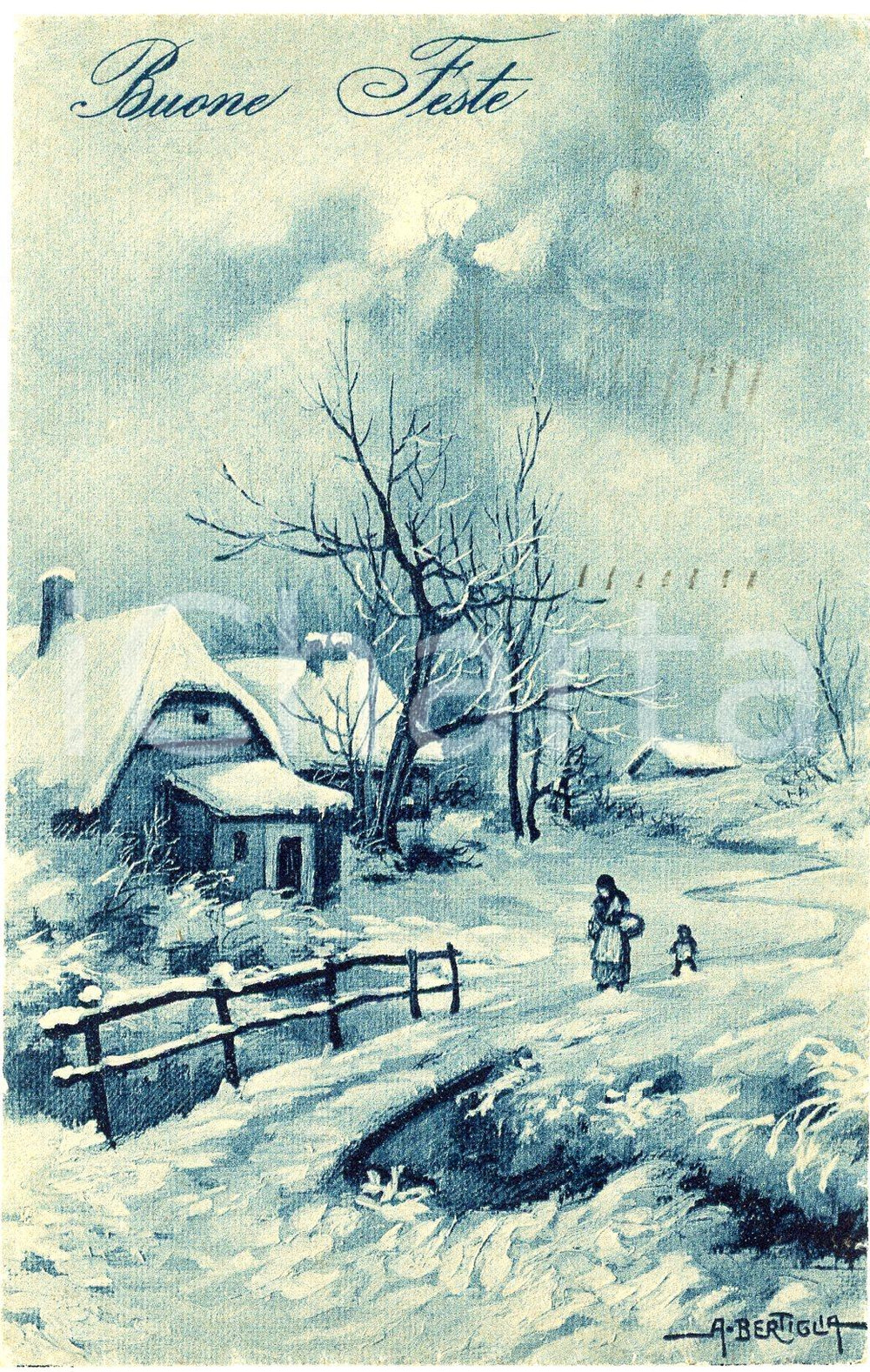 1929 BUONE FESTE Artista Aurelio BERTIGLIA Paesaggio innevato - Cartolina FP Cartolina d'epoca, viaggiata.  FAIR/discreto Lievi smussature agli angoli Formato: FP originale e autentica 1