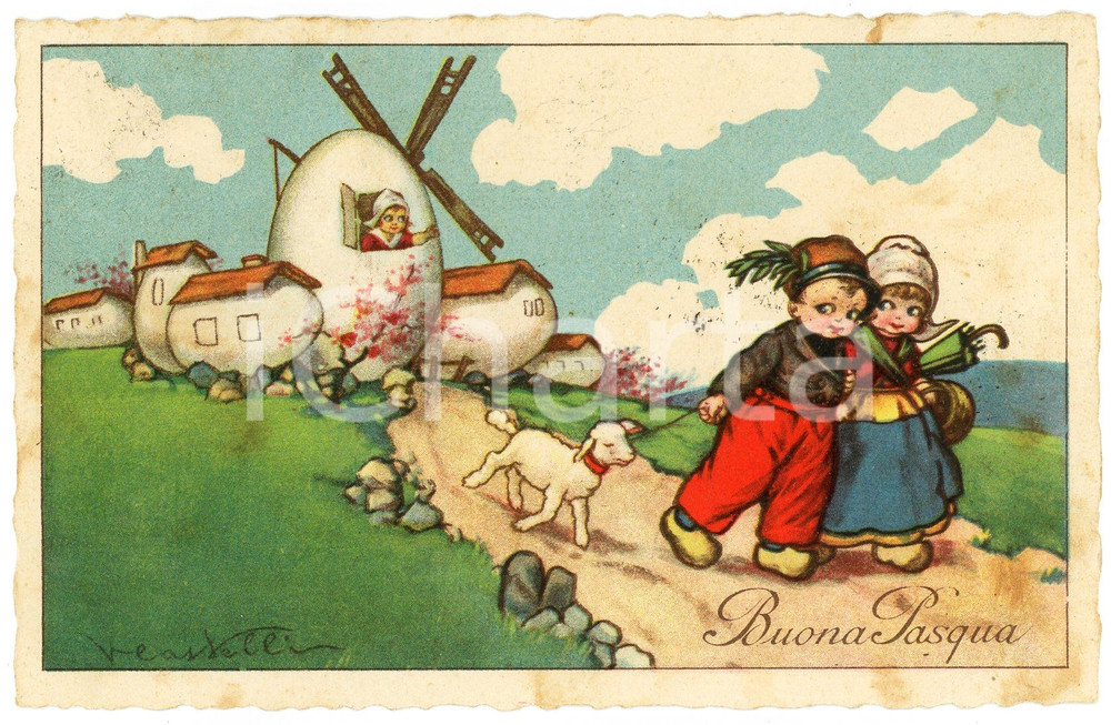 1926 BUONA PASQUA Artista V. CASTELLI Bambini con agnello - Cartolina FP VG Cartolina d'epoca, viaggiata.  VERY POOR/gravemente danneggiato Lievi smussature agli angoli, macchie al recto, abrasione al verso dovuta alla rimozione dell'affrancatura Formato: FP originale e autentica 1