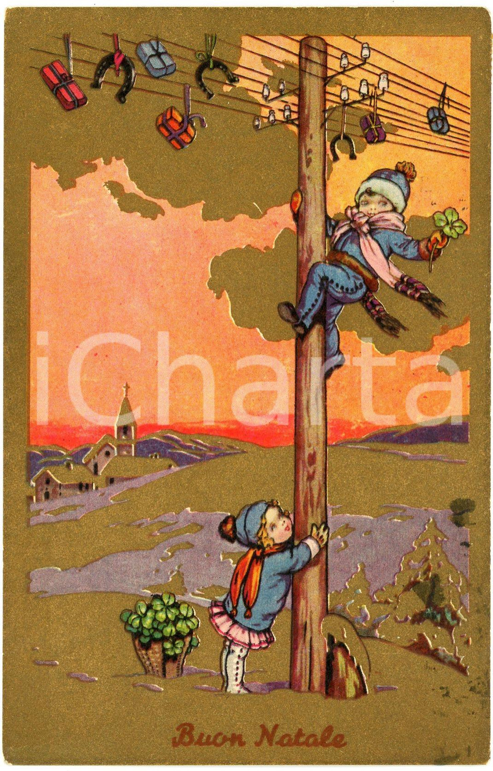 1933 BUON NATALE Bambino raccoglie quadrifoglio - Cartolina ILLUSTRATA FP VG  Cartolina postale d'epoca, viaggiata. FAIR/discreto Lievi smussature agli angoli Formato: FP originale e autentica 1