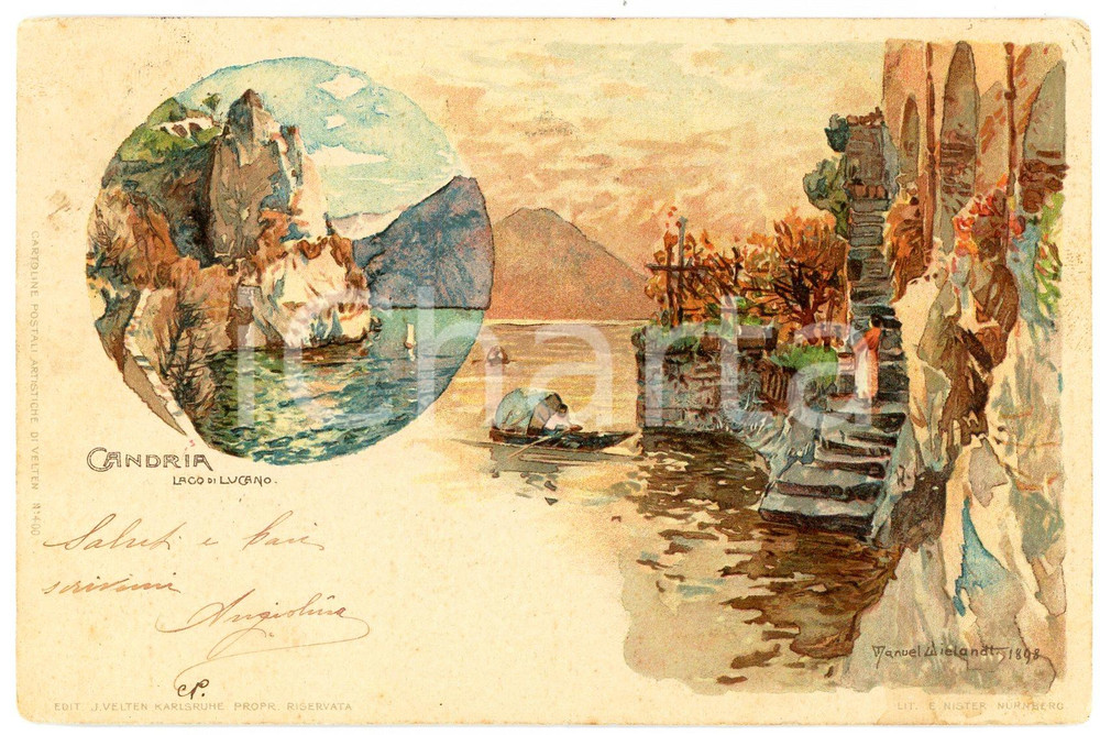 1900 CANDRIA - LAGO DI LUGANO Artista Manuel WIELANDT Cartolina FP VG  Cartolina postale d'epoca, viaggiata. FAIR/discreto Lievi smussature agli angoli Formato: FP originale e autentica 1
