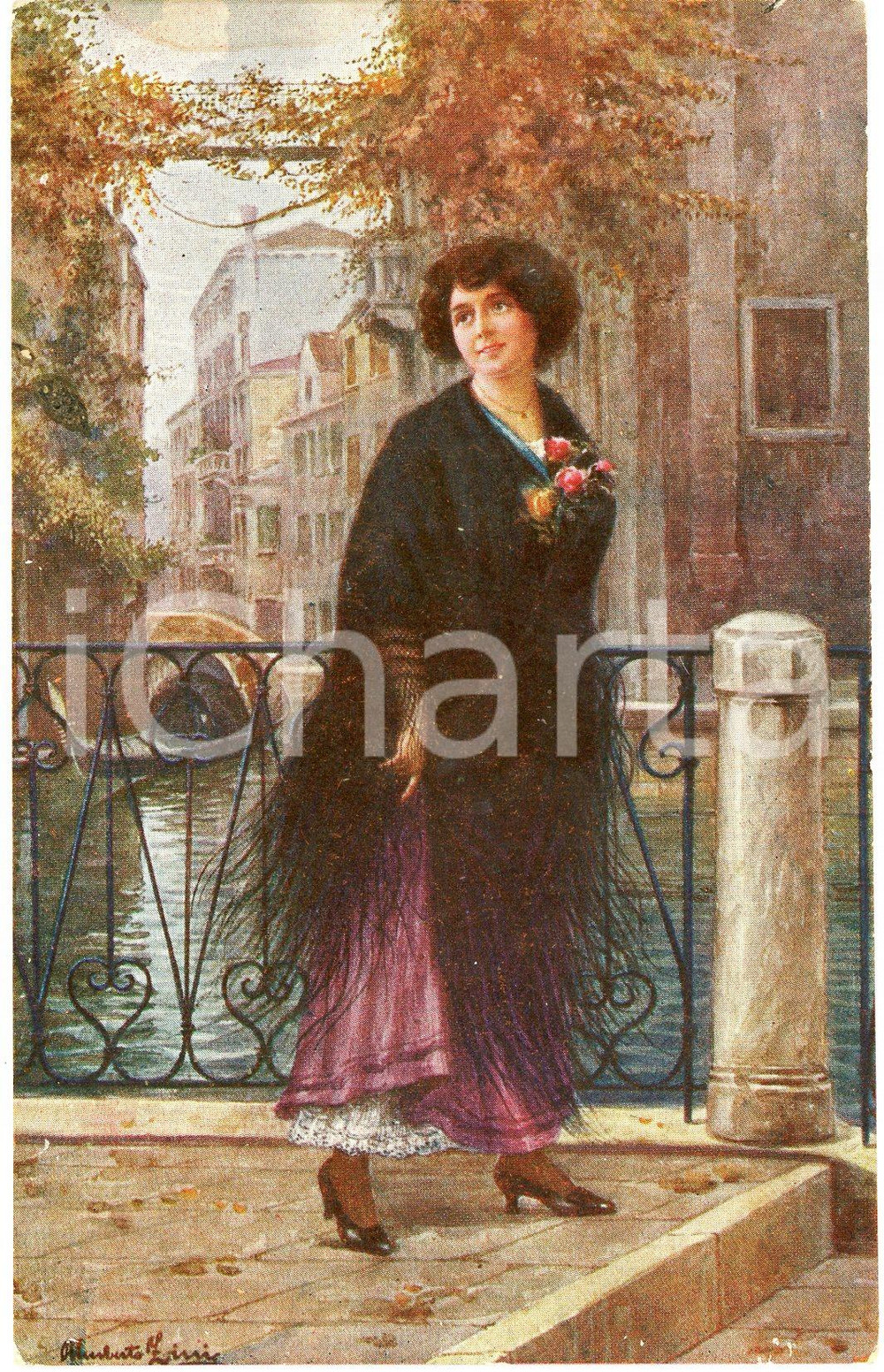 1917 Artista Umberto ZINI - Donna a Venezia - Cartolina (1) FP VG  Cartolina postale d'epoca, viaggiata. FAIR/discreto lievi tracce di umidità al verso Formato: 9x14 cm originale e autentica 1